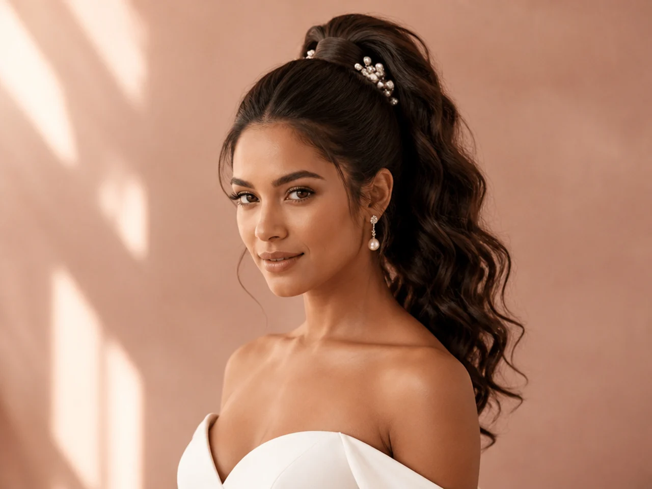 Bridal high ponytail with a hair wrap and small pearl accents on a woman in a white gown