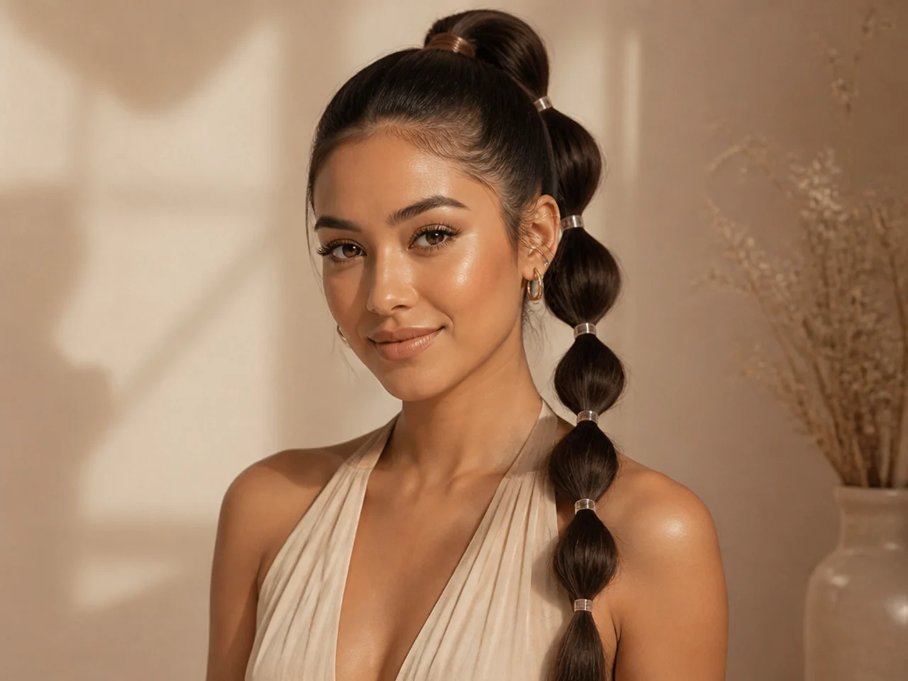 High ponytail with segmented bubble sections down the length using clear elastics