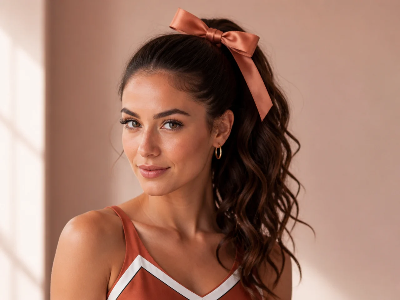 Cheerleader-style high ponytail with a satin ribbon bow at the base on a young woman