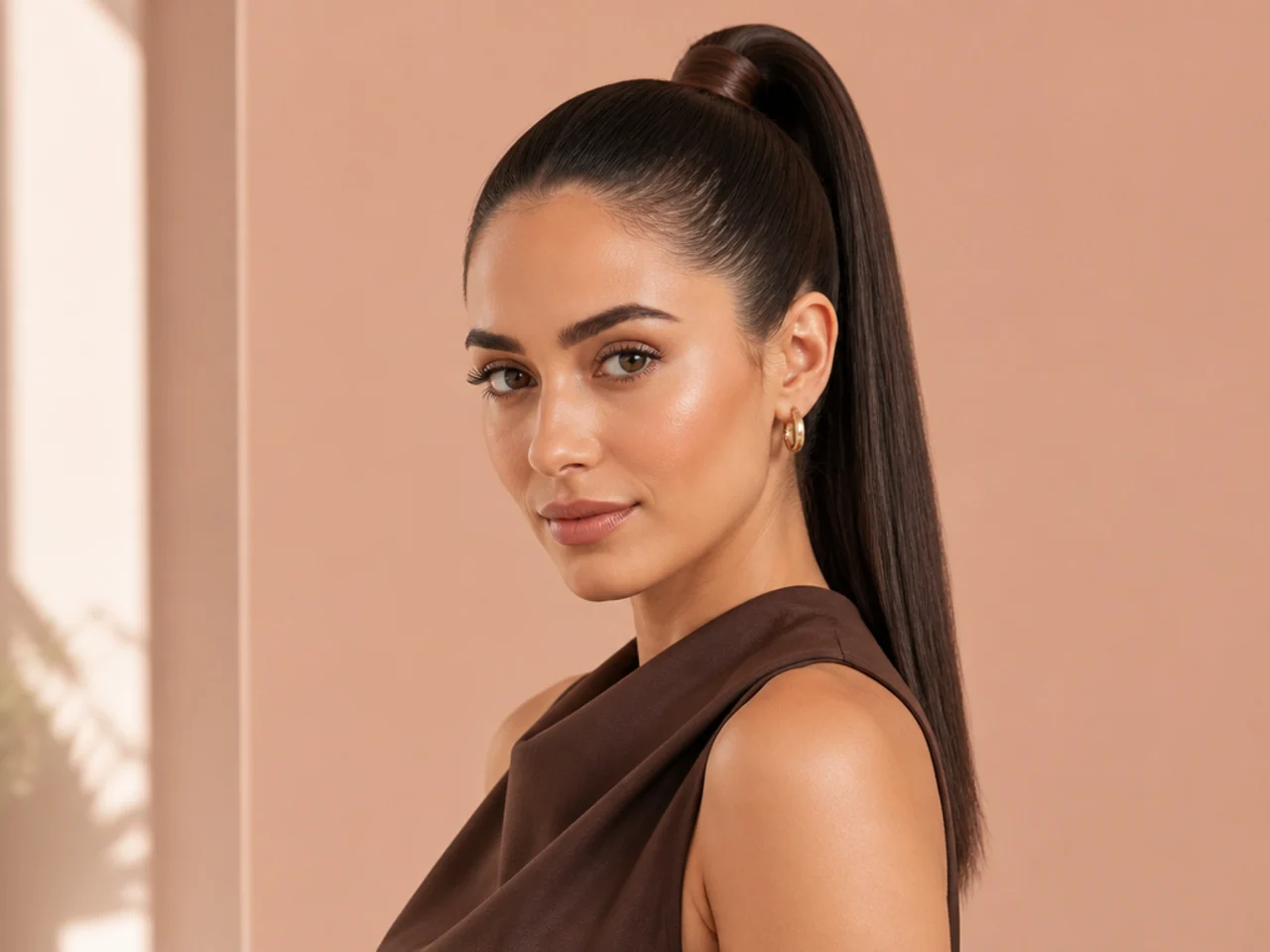 Classic sleek high ponytail with glass-smooth scalp and straight tail on a woman with dark brown hair