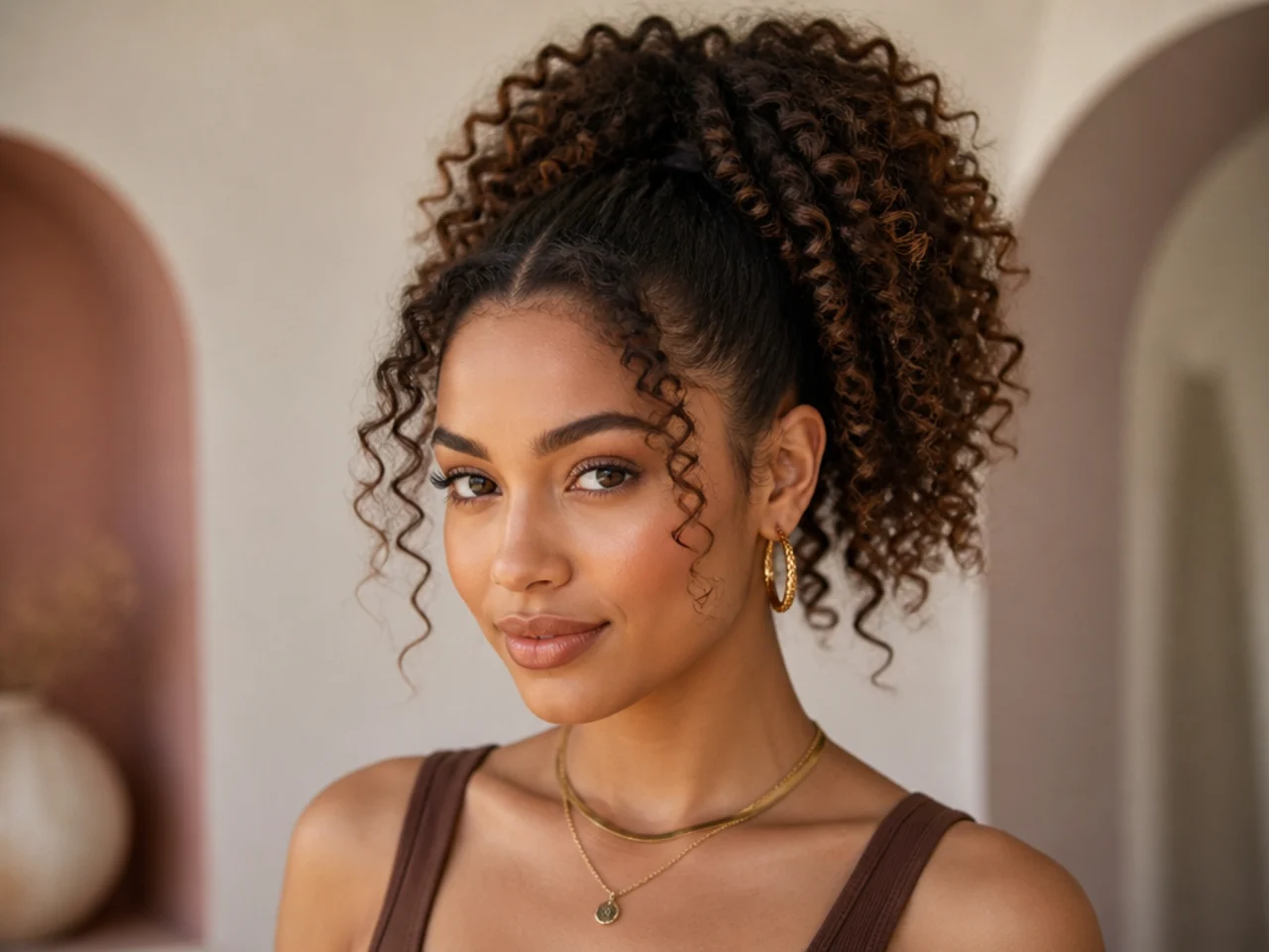 Voluminous curly high ponytail with defined ringlets on a woman with 3B curls
