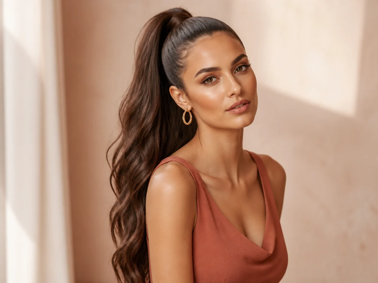 Extra-long high ponytail with a clip-in extension adding waist-length hair on a woman with shorter natural hair