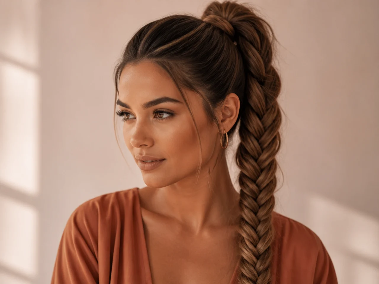 High ponytail with an intricate fishtail braid running down the length on caramel highlighted hair