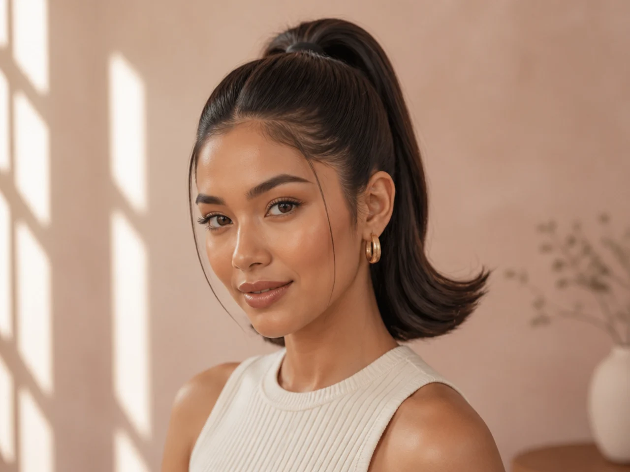 High ponytail with a 90s-style C-curl flipping outward at the tail ends on shoulder-length hair