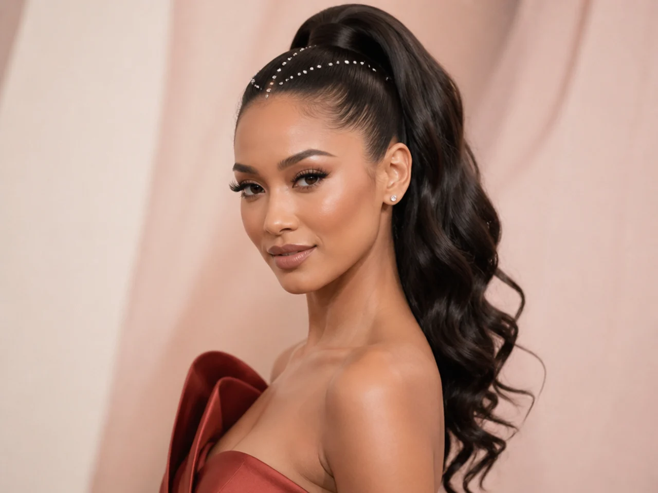 Formal high ponytail with rhinestone hairline and dramatic curled tail on a woman in evening wear