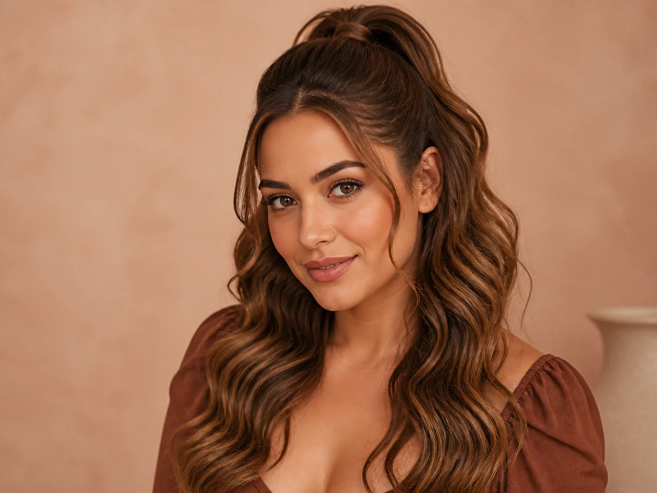 Half-up high ponytail with the lower half worn loose and wavy on light brown hair