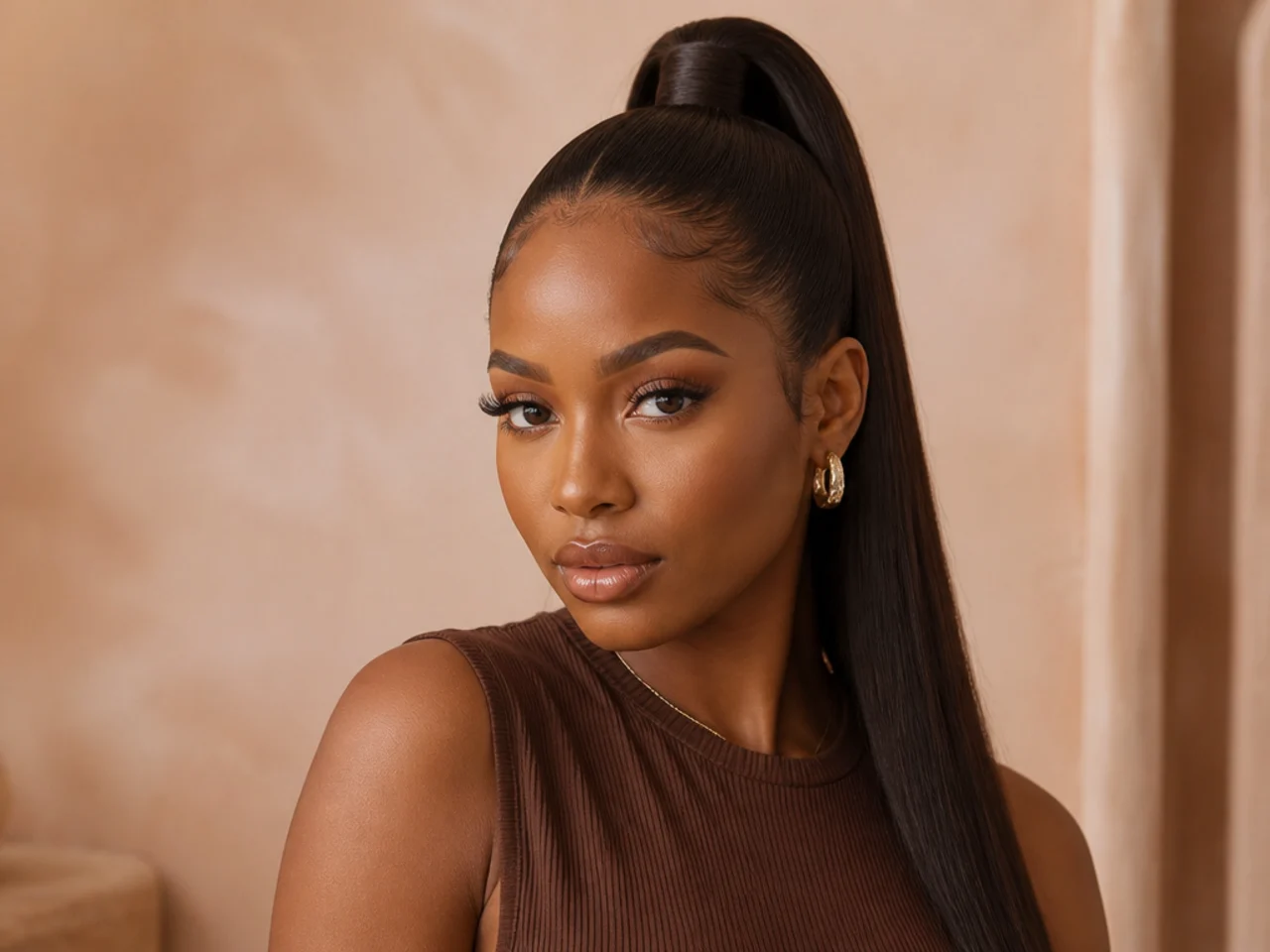 Sleek high ponytail with laid edges and a long straight tail on a Black woman