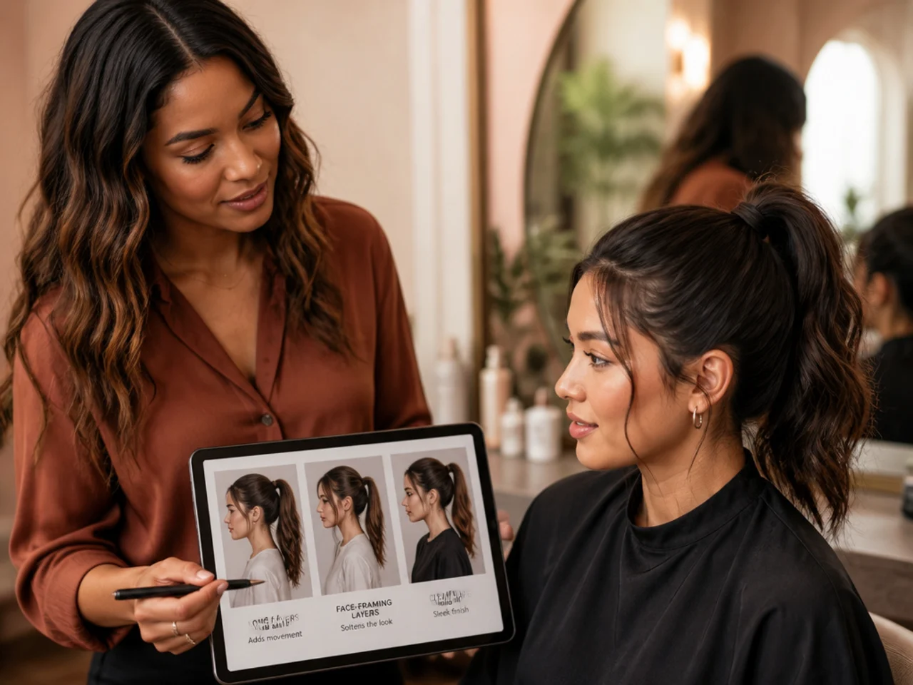 Stylist consulting with a client about a ponytail-friendly haircut in a salon