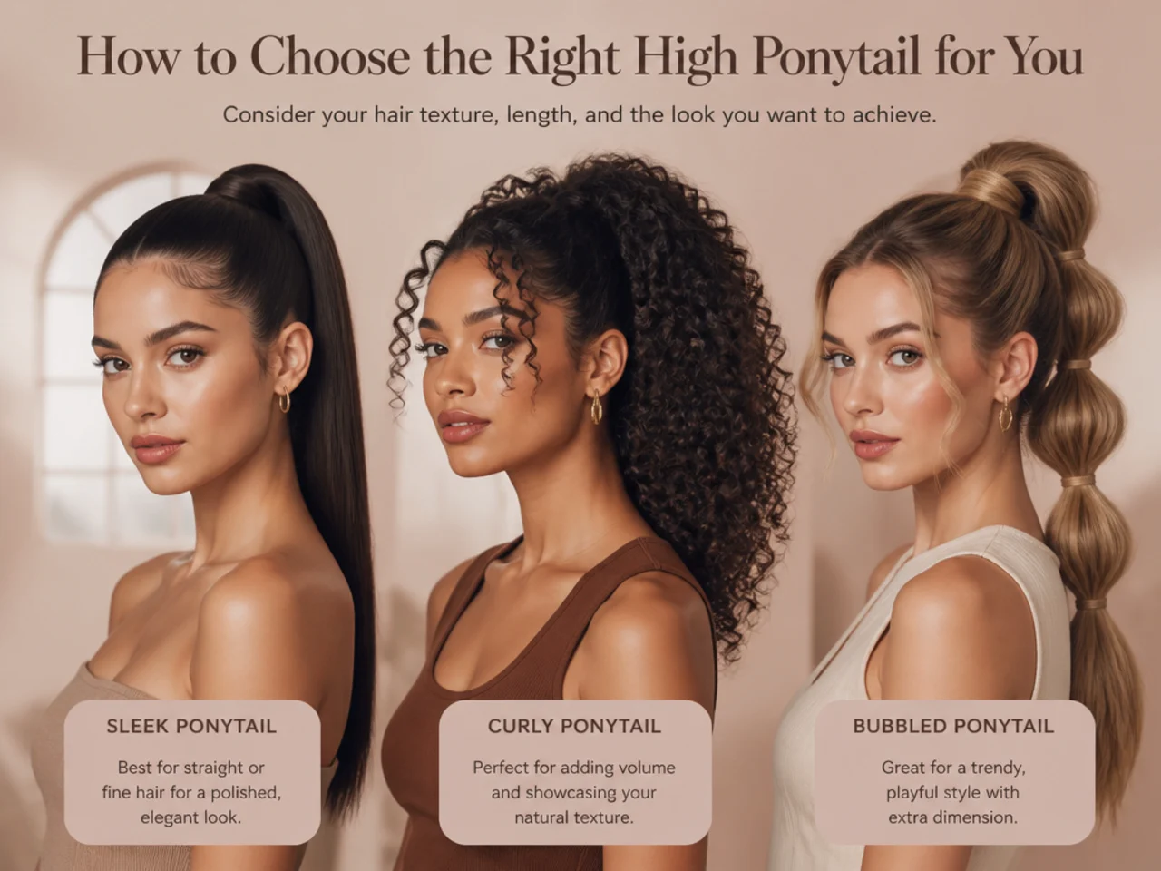 Three women modeling different high ponytail styles side by side — sleek, curly, and bubbled