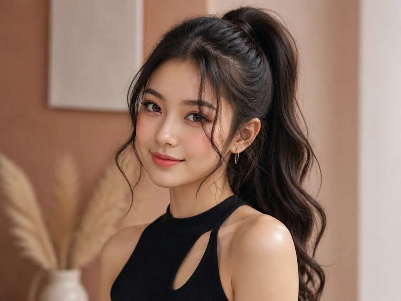 High ponytail with soft face-framing curled tendrils and gently curled tail in K-pop idol style