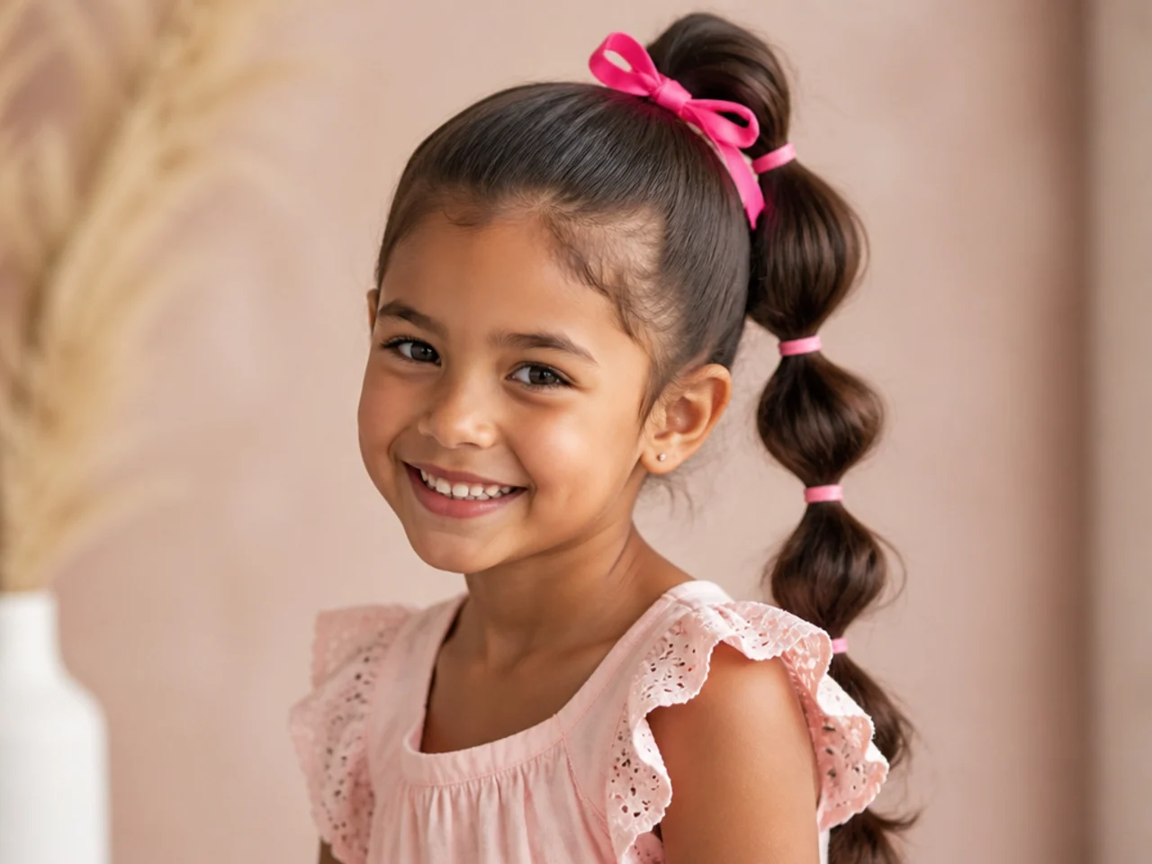 Little girl with a high ponytail secured with a bright ribbon and small bubble sections