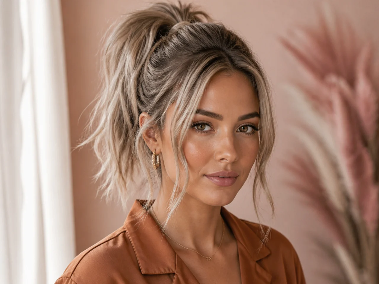 Textured high ponytail with piecey ends and pulled face-framing strands on ash blonde hair