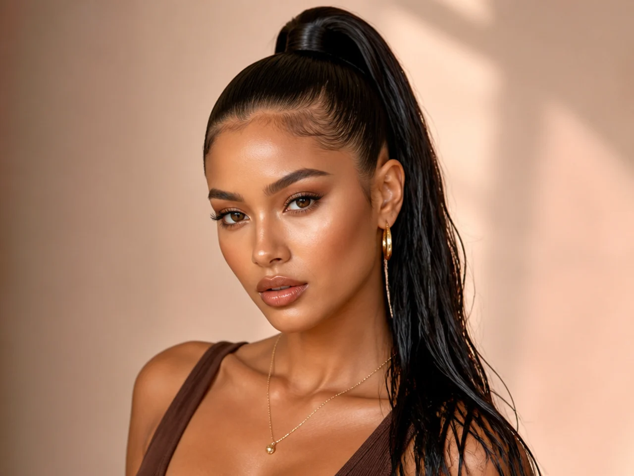 Wet-look high ponytail with glossy visible sheen on a woman with jet-black hair