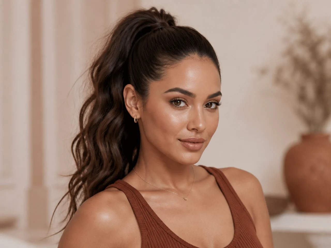 Sleek high ponytail on a woman with straight brown hair, base set at the crown