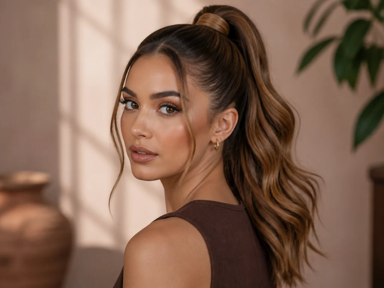 High ponytail with hair-wrapped base hiding the elastic on caramel-highlighted hair