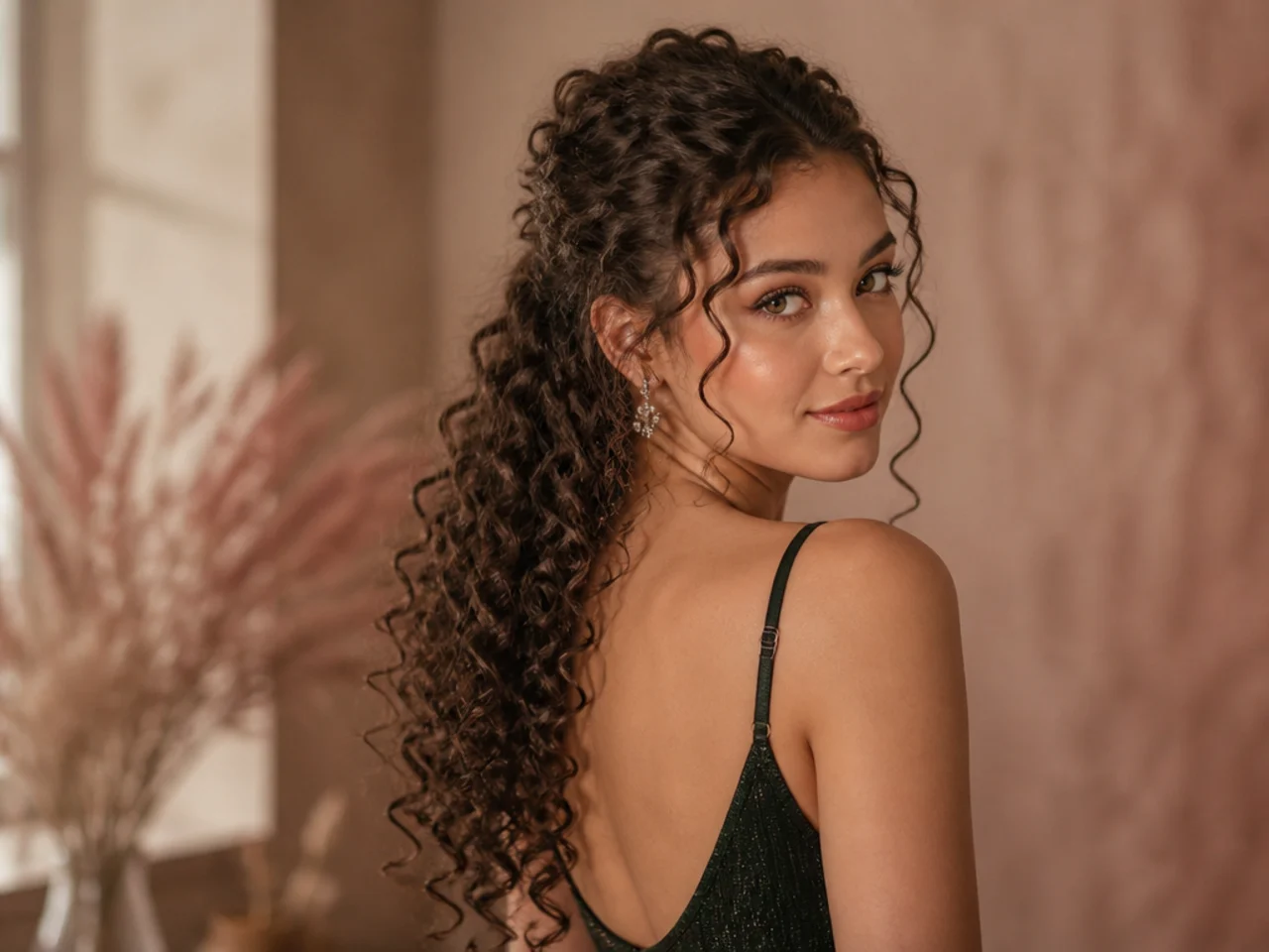Three-quarter view of defined curl after a full evening