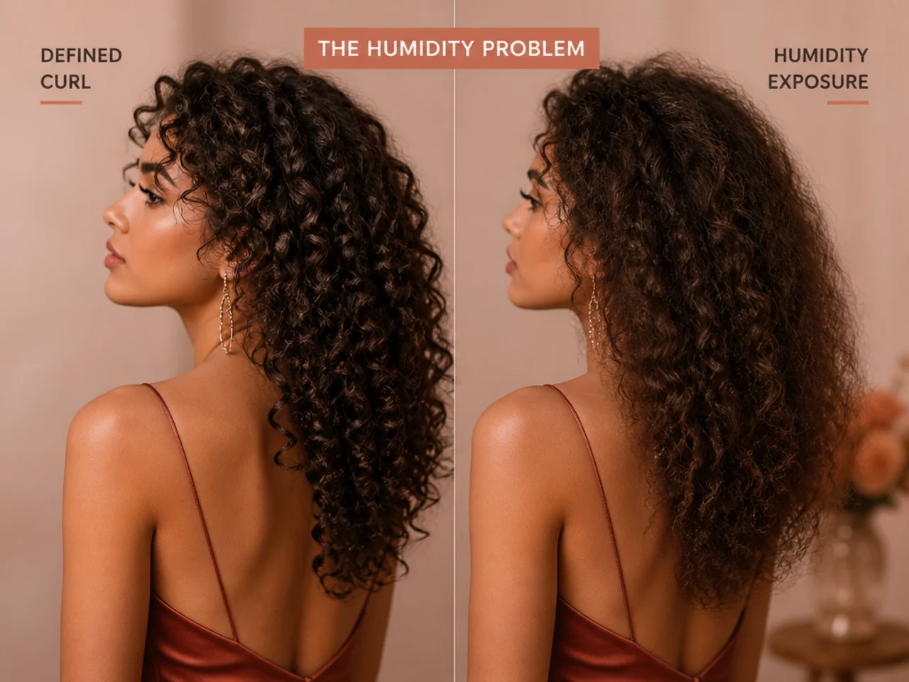 Defined curl beside the same curl after humidity exposure