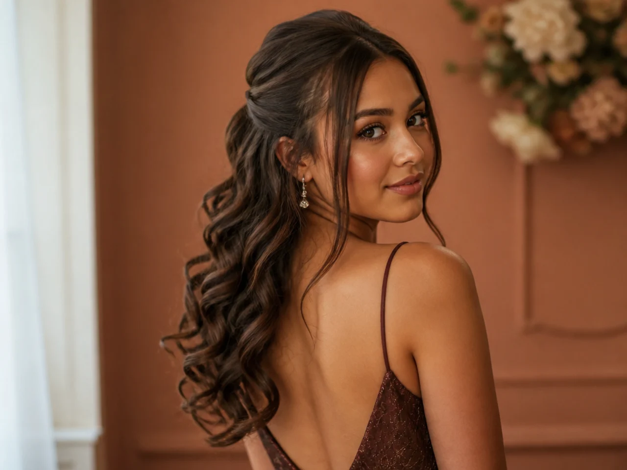 Curled hair with straight face-framing pieces