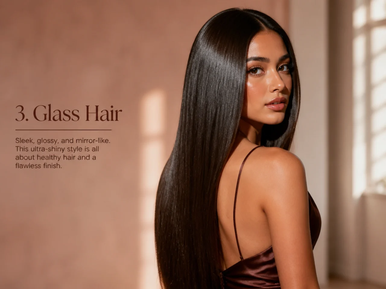 Straight hair finished to a high glass-like shine