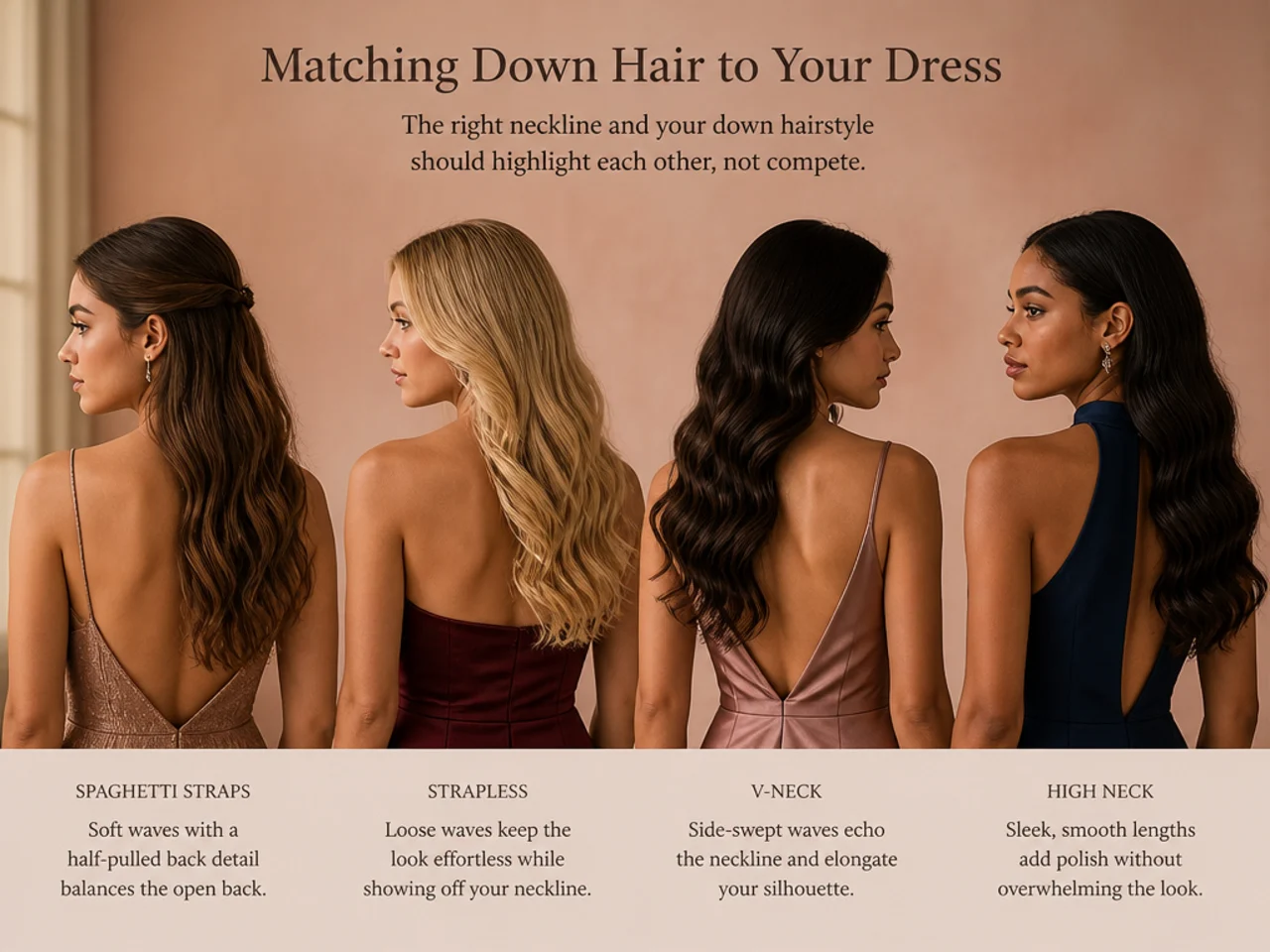 Down styles shown against four different necklines