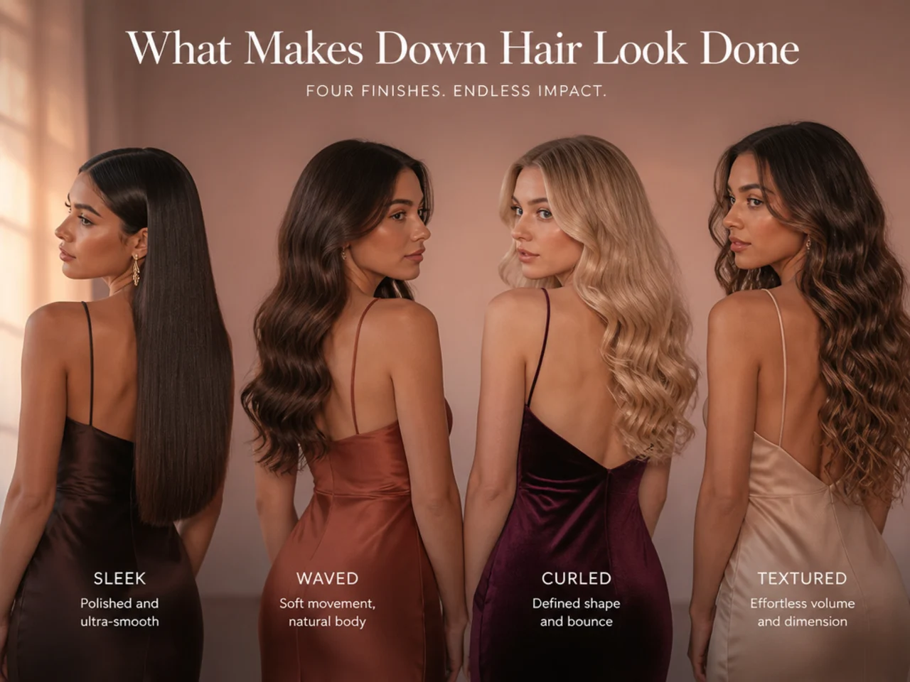 Four finishes shown together — sleek, waved, curled and textured