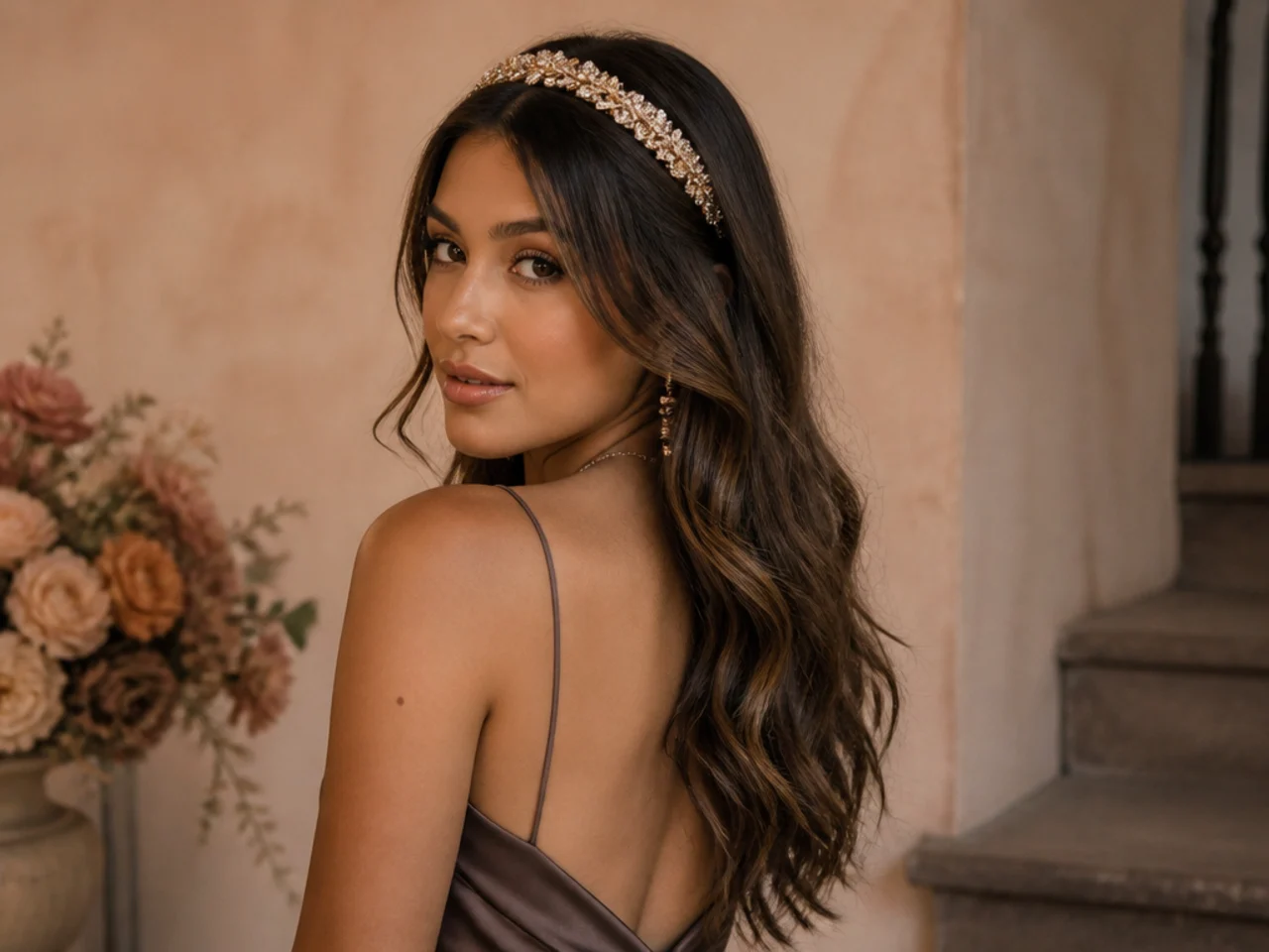 Decorative headband worn with hair down