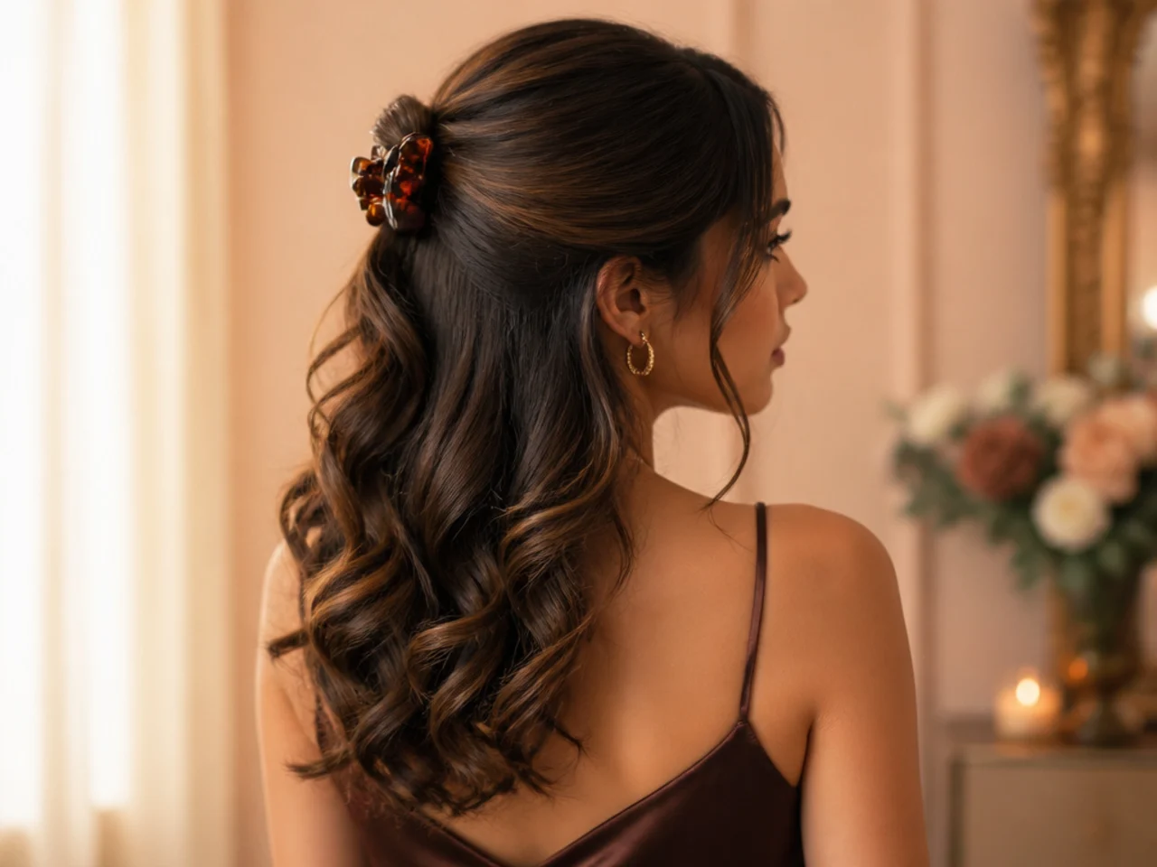 Half-up claw clip with curled ends