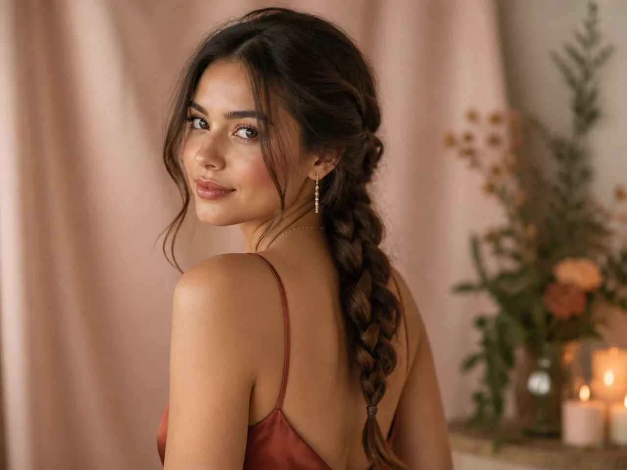 Loose side plait over one shoulder
