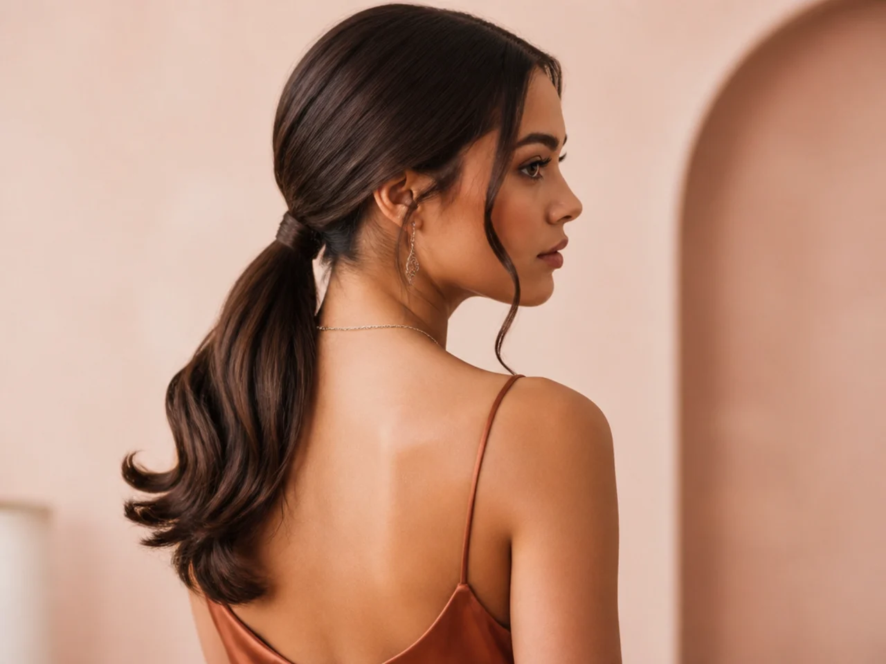 Low ponytail with hair wrapped over the elastic