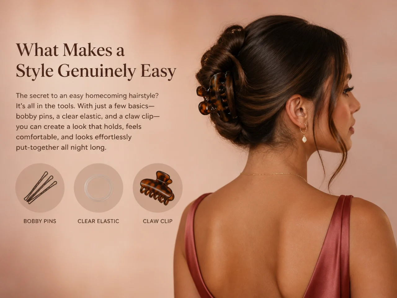 Bobby pins, a clear elastic and a claw clip — the full toolkit
