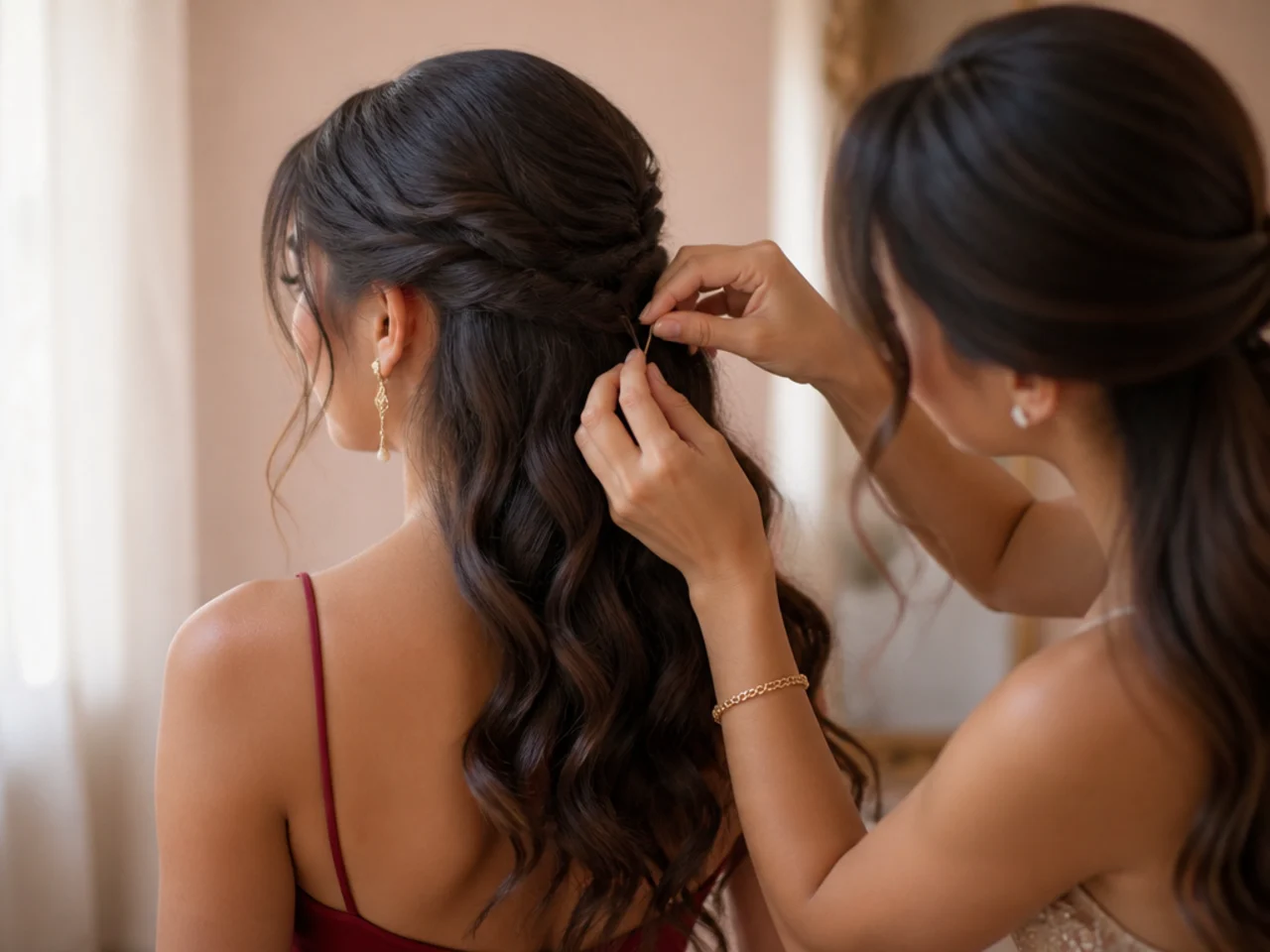 A second person checking and pinning the back section