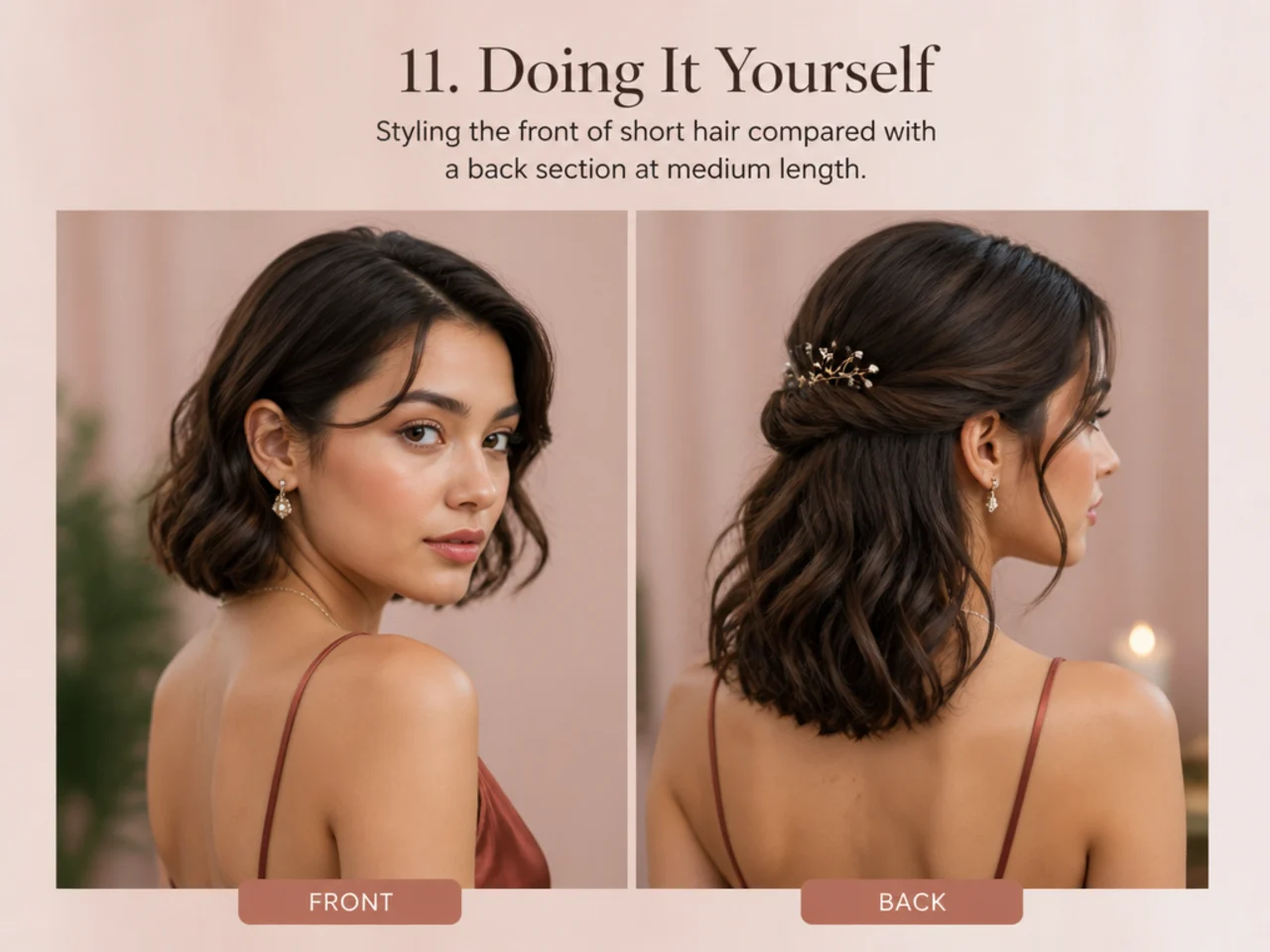Styling the front of short hair compared with a back section at medium length