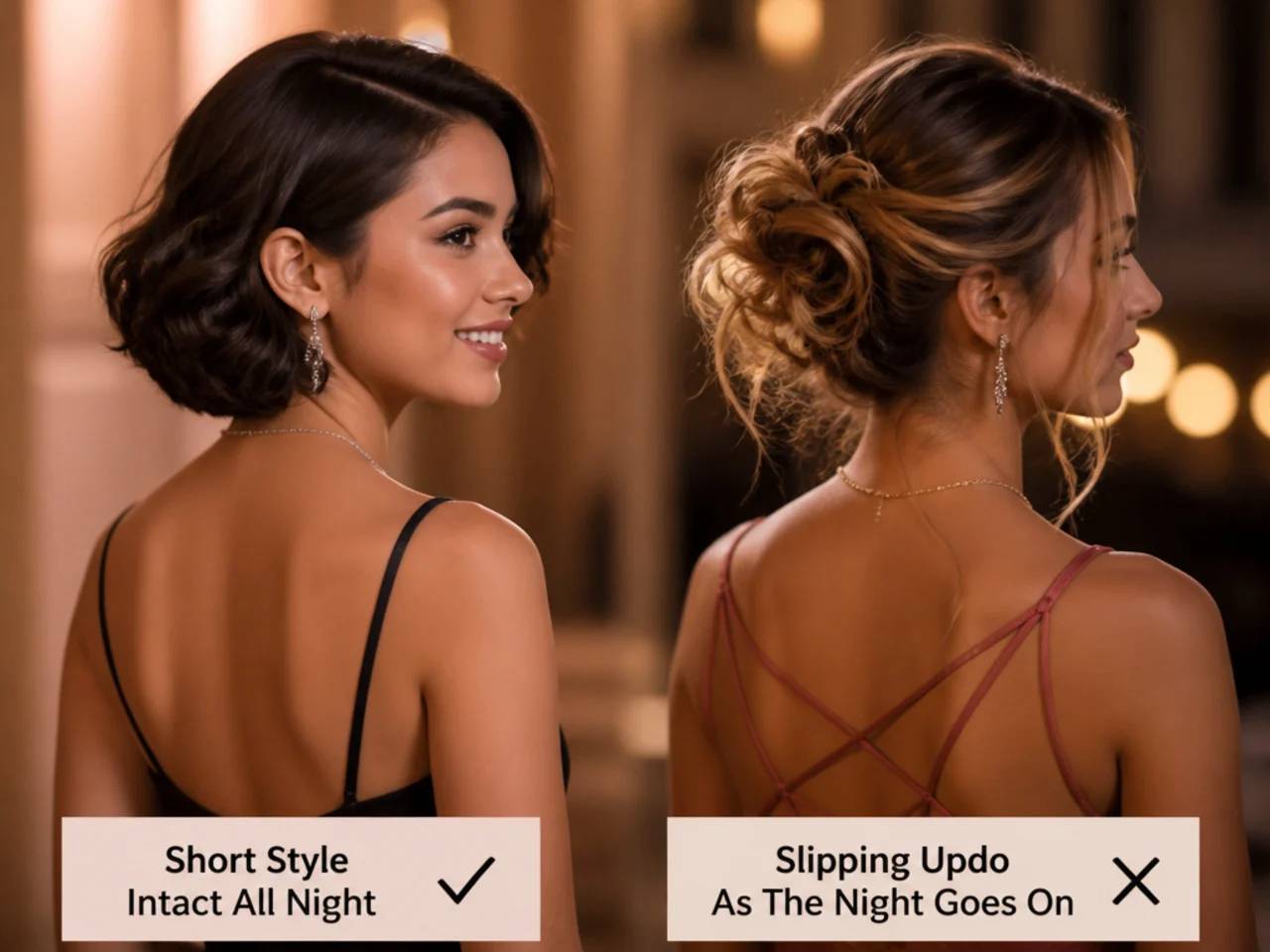 A short style intact late in the evening beside a slipping updo