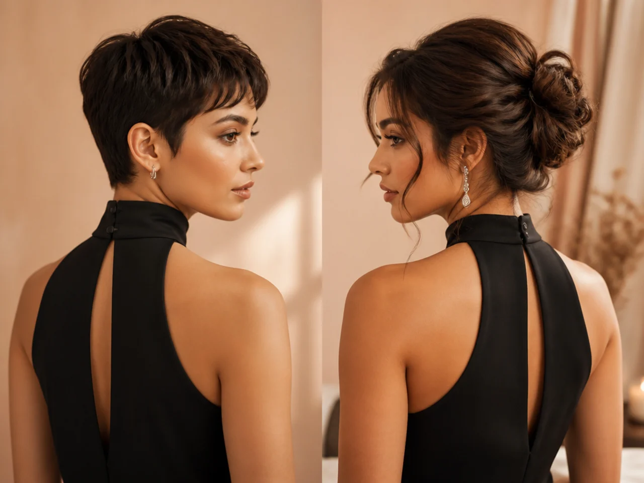 A high neckline with short hair and with medium hair worn up