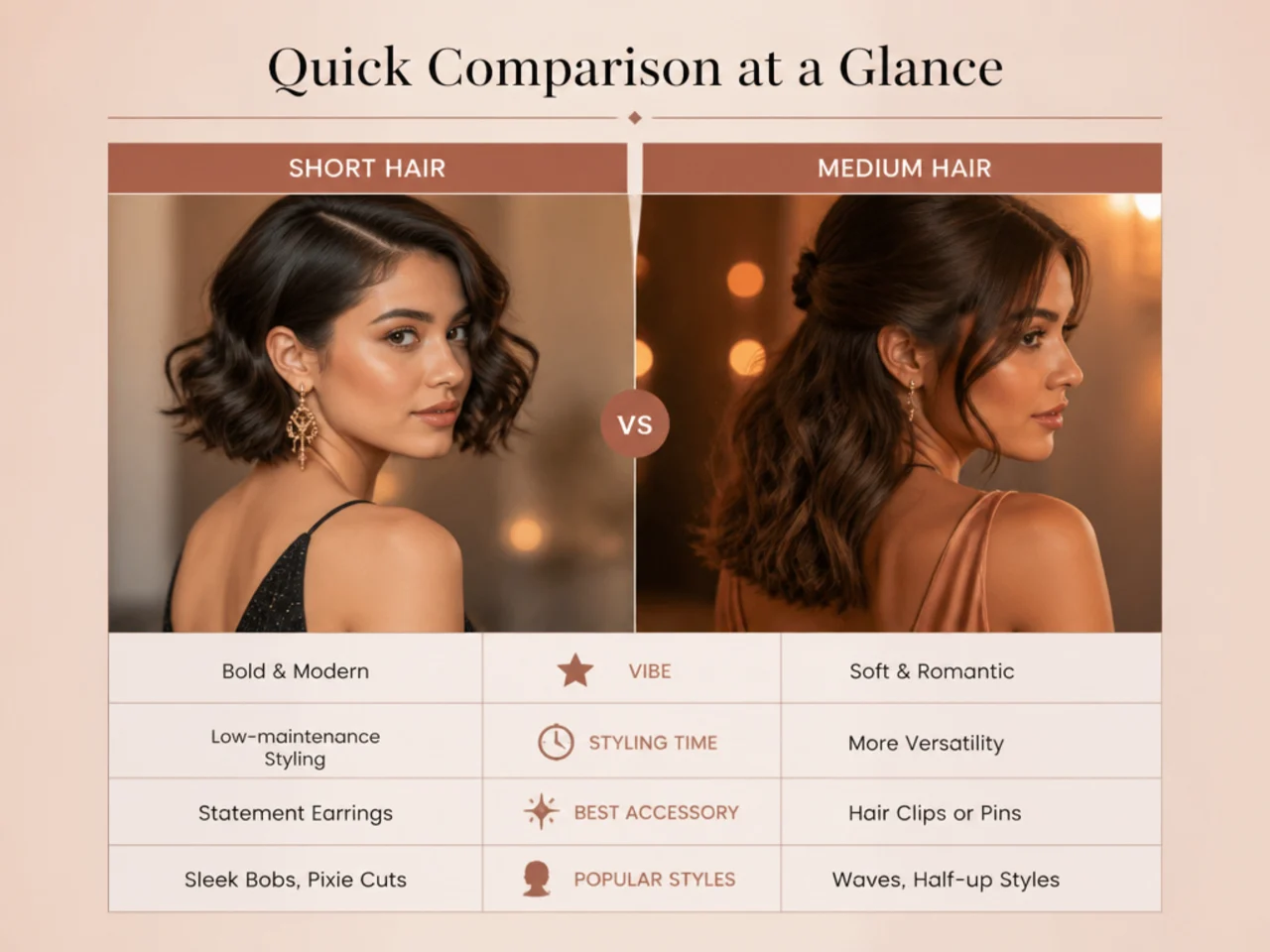 A comparison chart of short and medium-length hair for a formal event