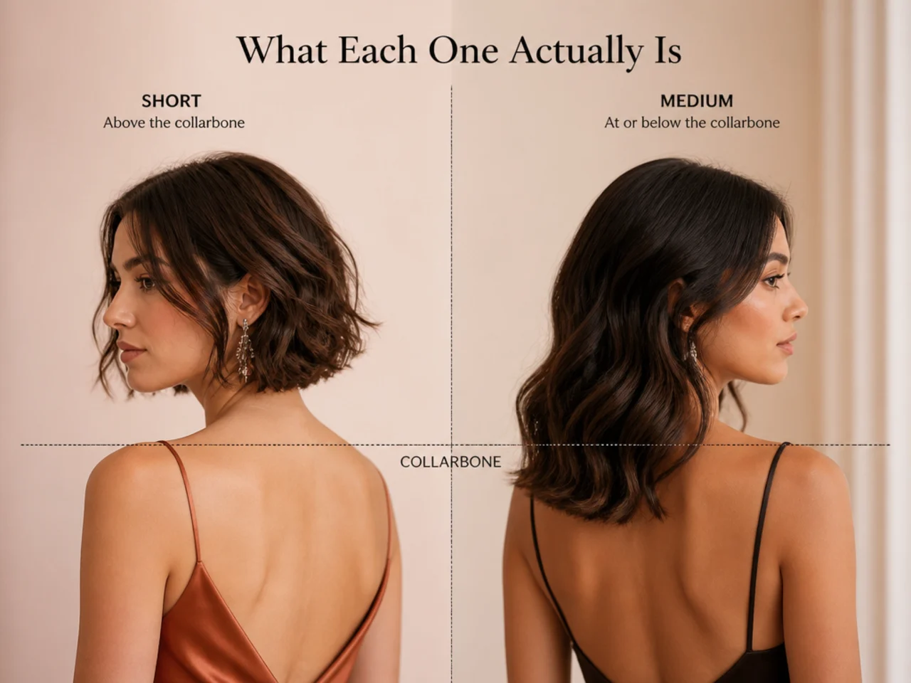 The dividing line between short and medium marked at the collarbone