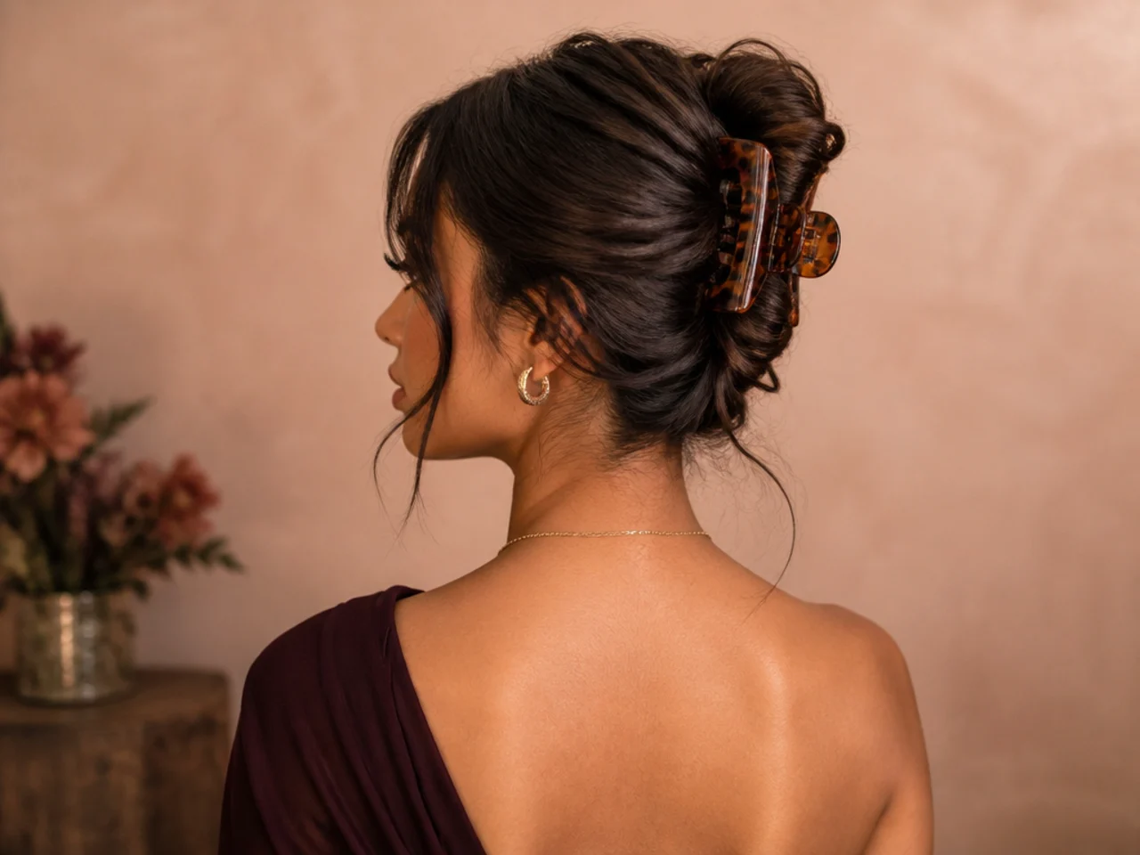 Collarbone hair twisted into a claw clip