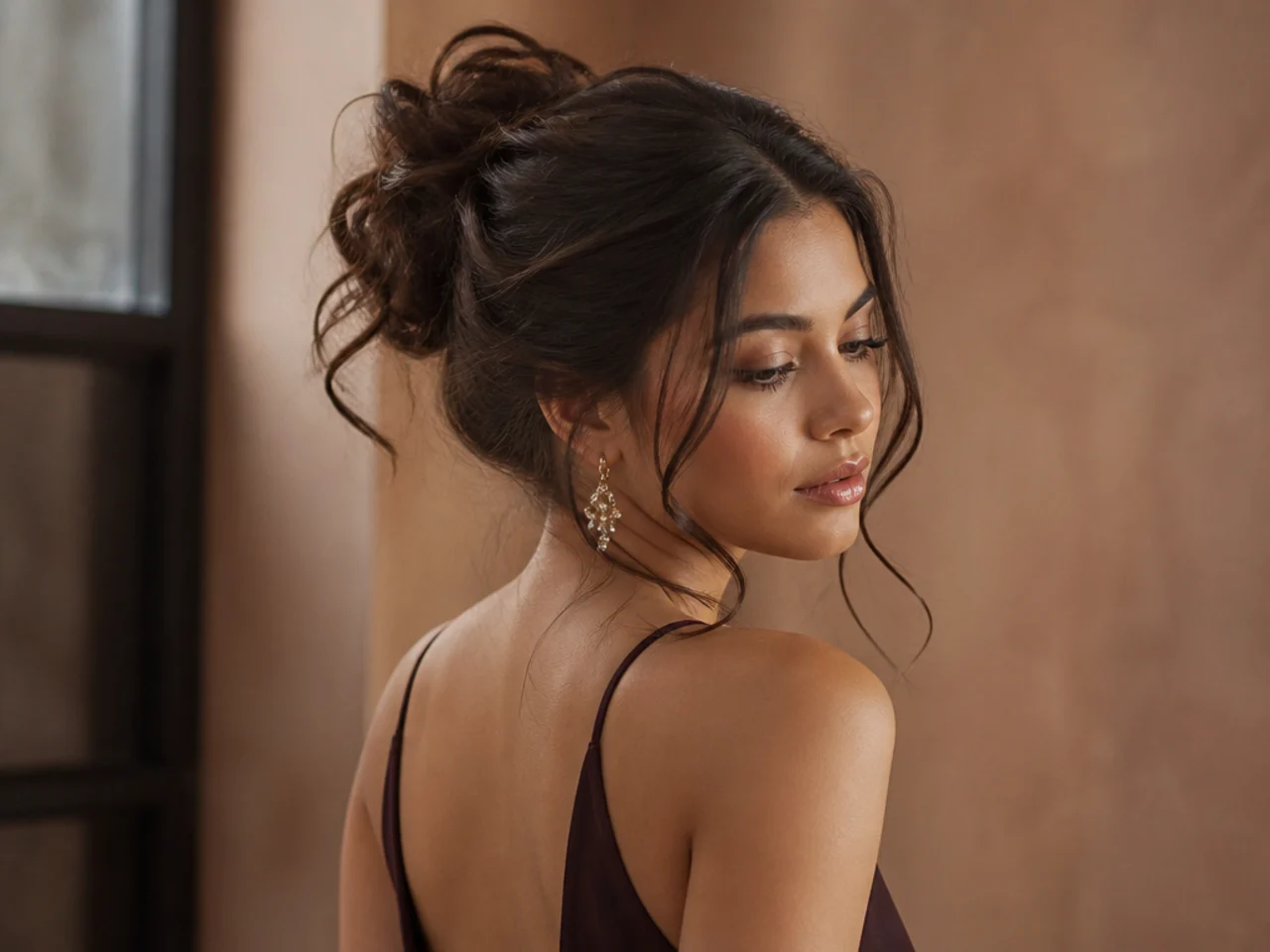 Messy bun with released tendrils