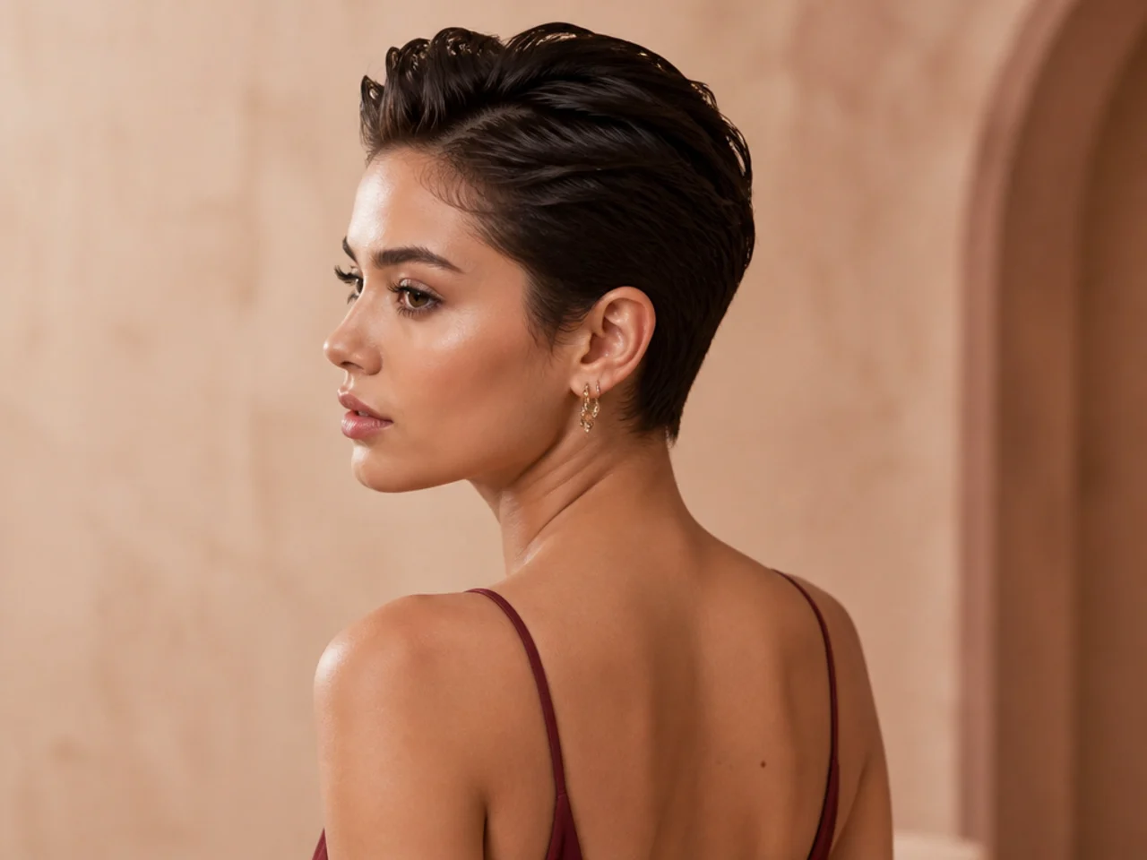Slicked-back pixie styled for a formal event