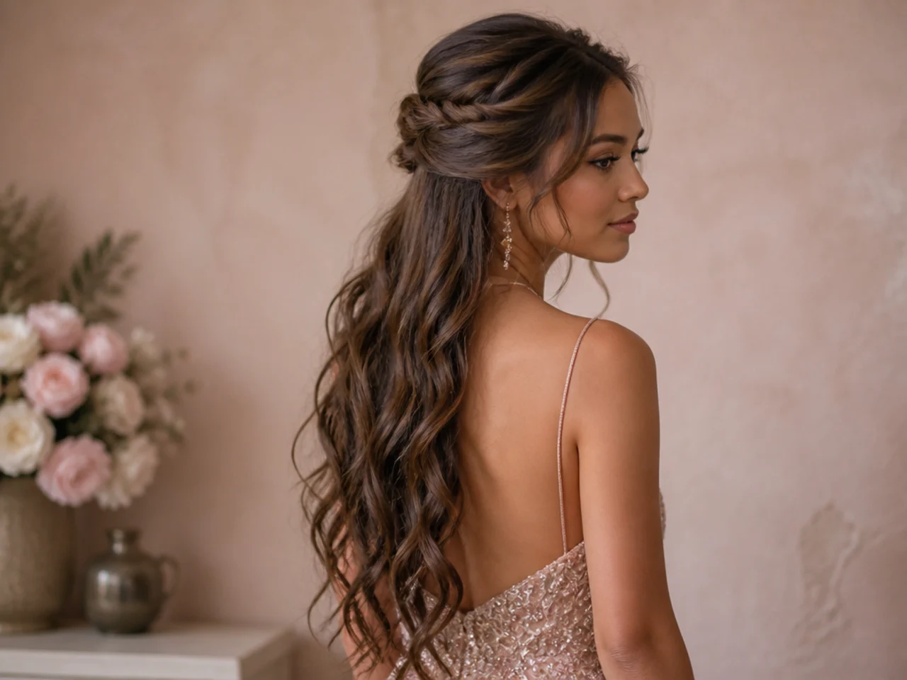 Waist-length hair worn half up