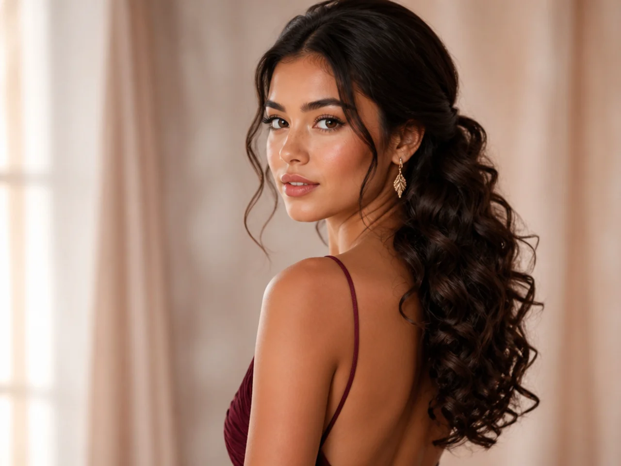 Long curls gathered over one shoulder