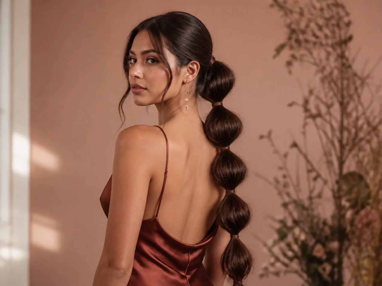 Bubble ponytail on waist-length hair