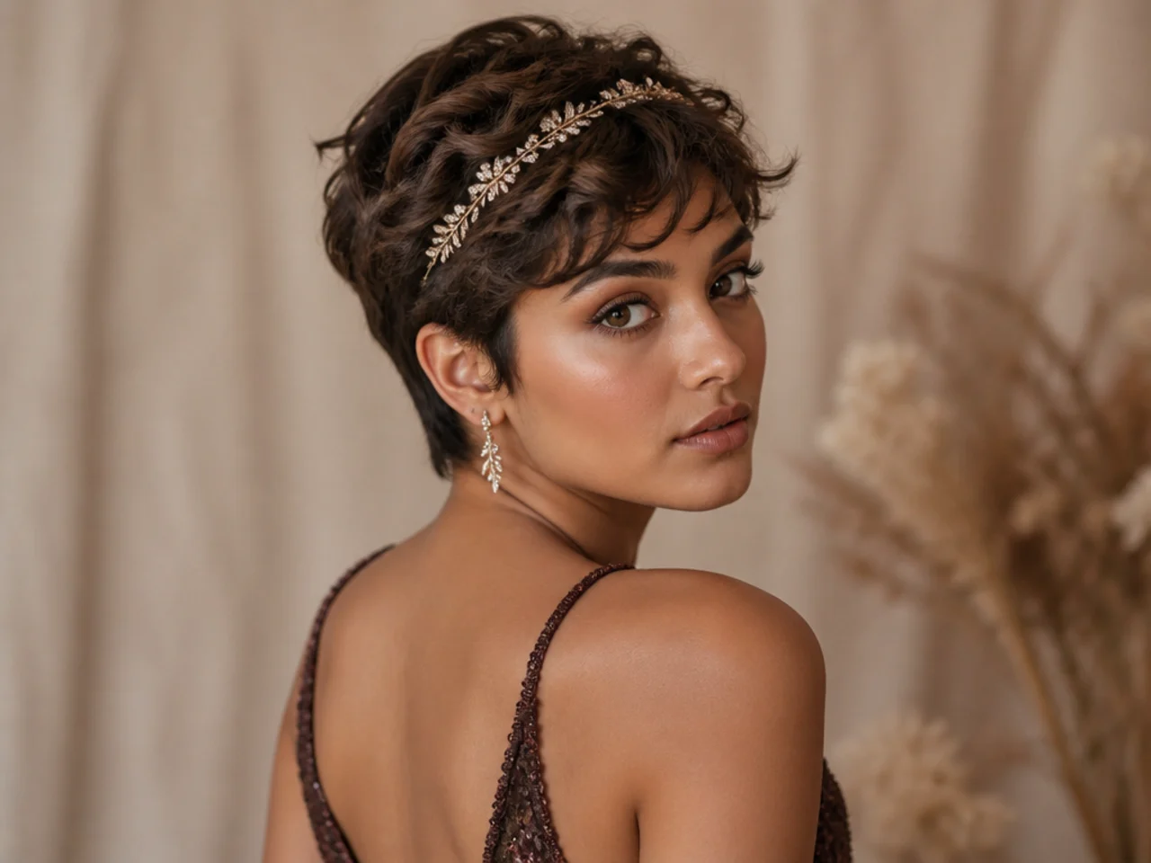 Short textured crop worn with a decorative headband