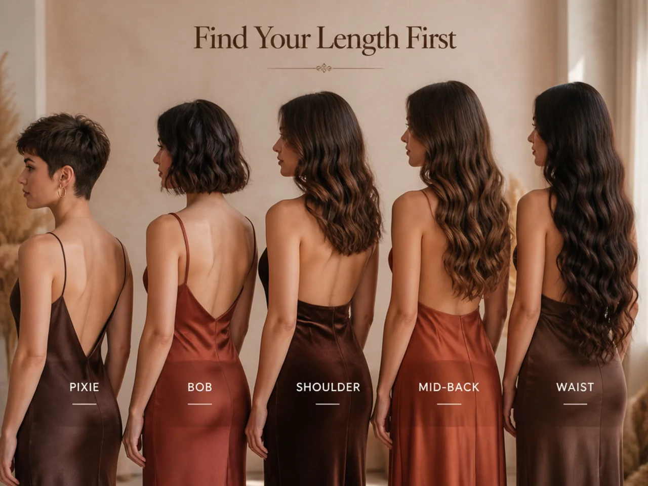 Five hair lengths marked from pixie to waist