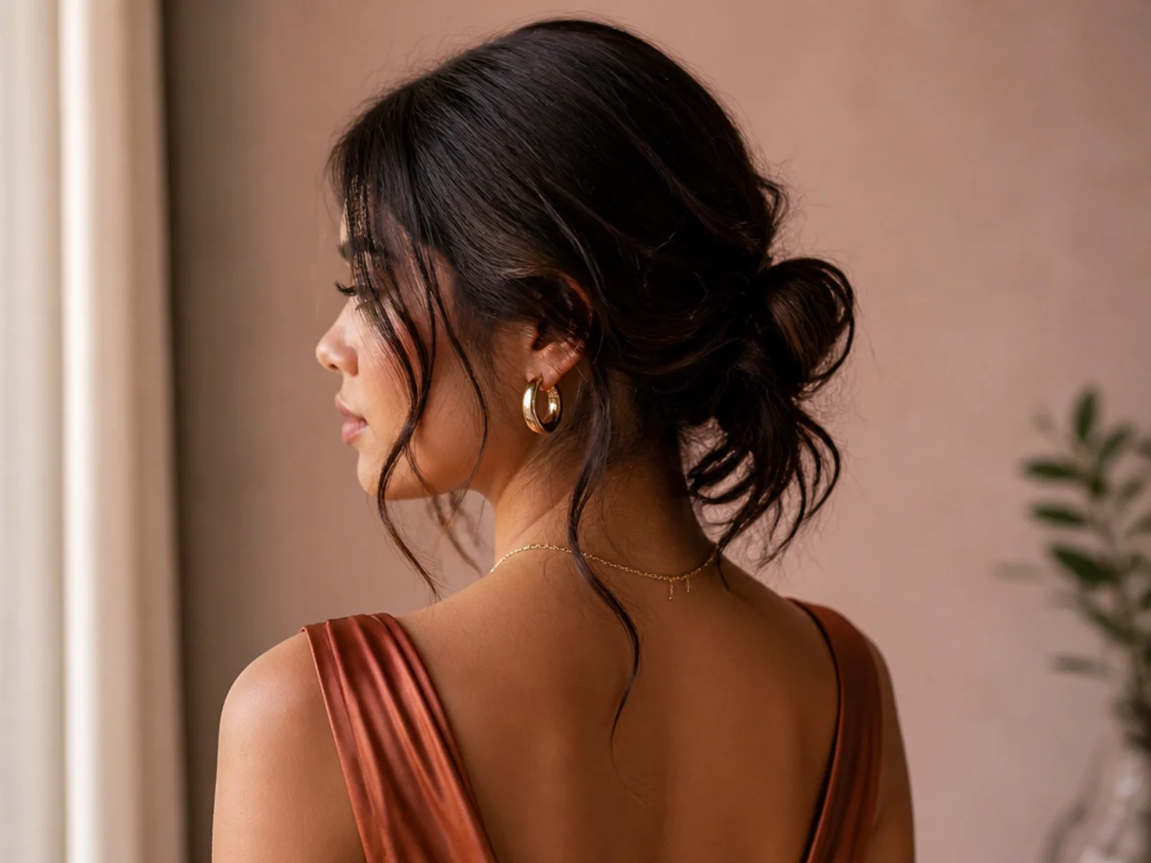 Layered shoulder-length hair showing short pieces sliding from a bun