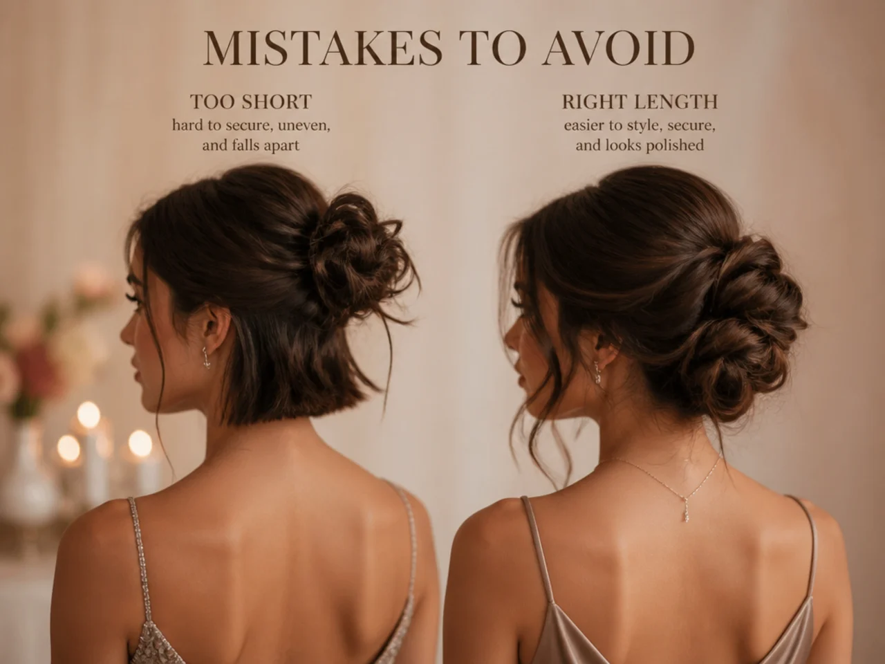 An updo attempted on too-short hair beside one at the right length