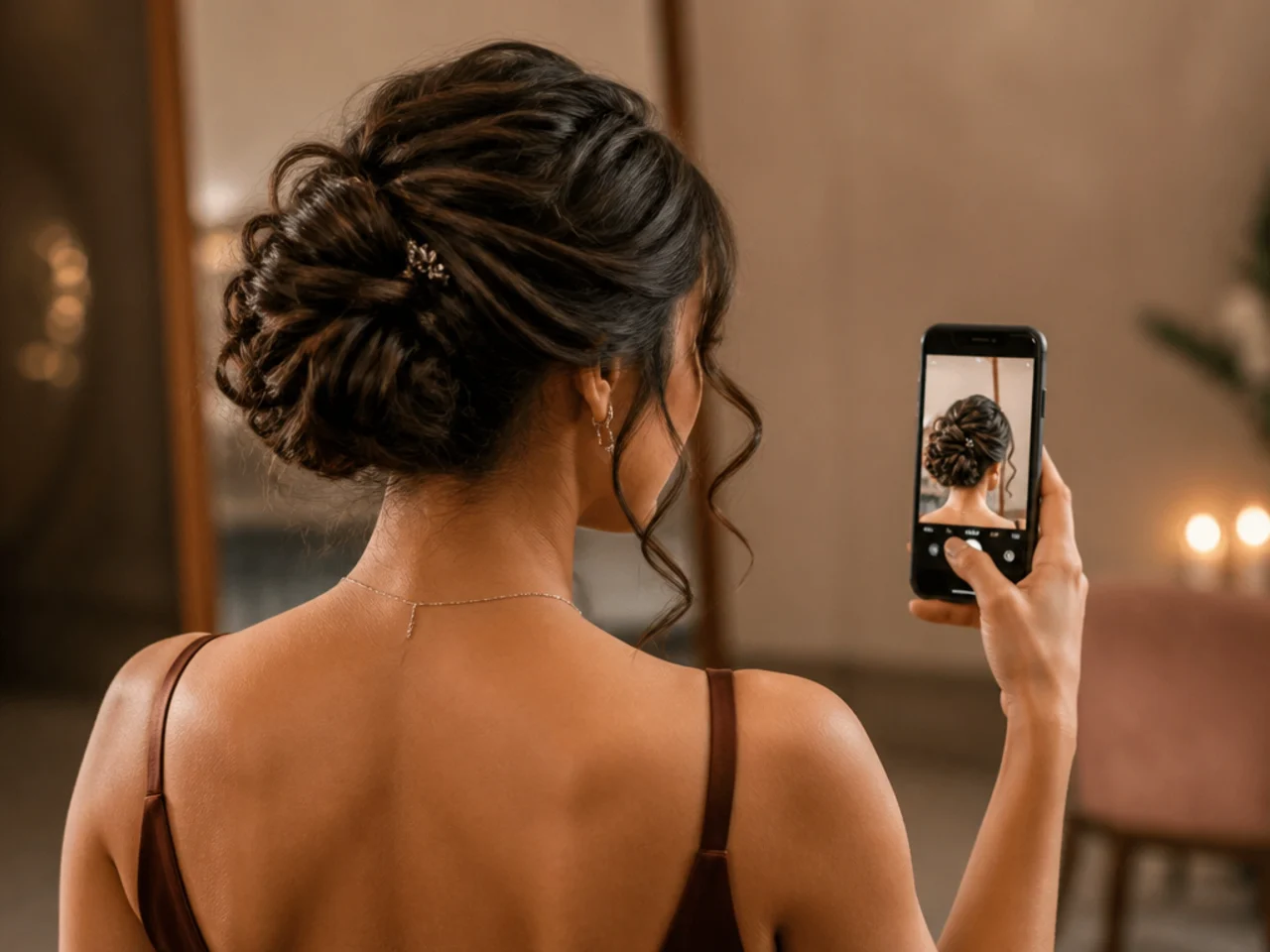 The back of an updo photographed on a phone to check it