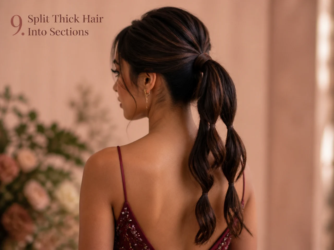 A thick ponytail divided into sections before coiling