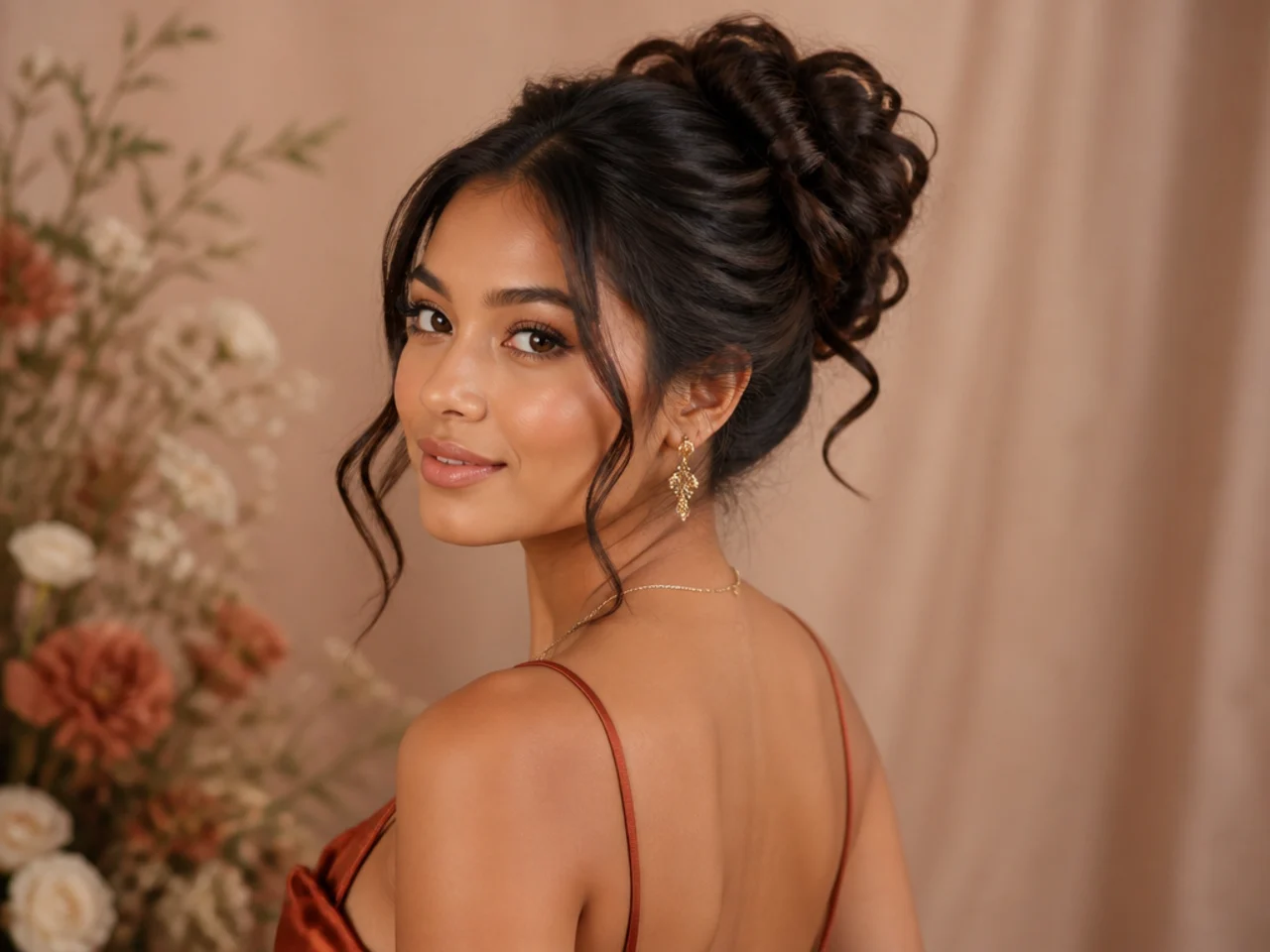 Three-quarter view of a finished homecoming updo