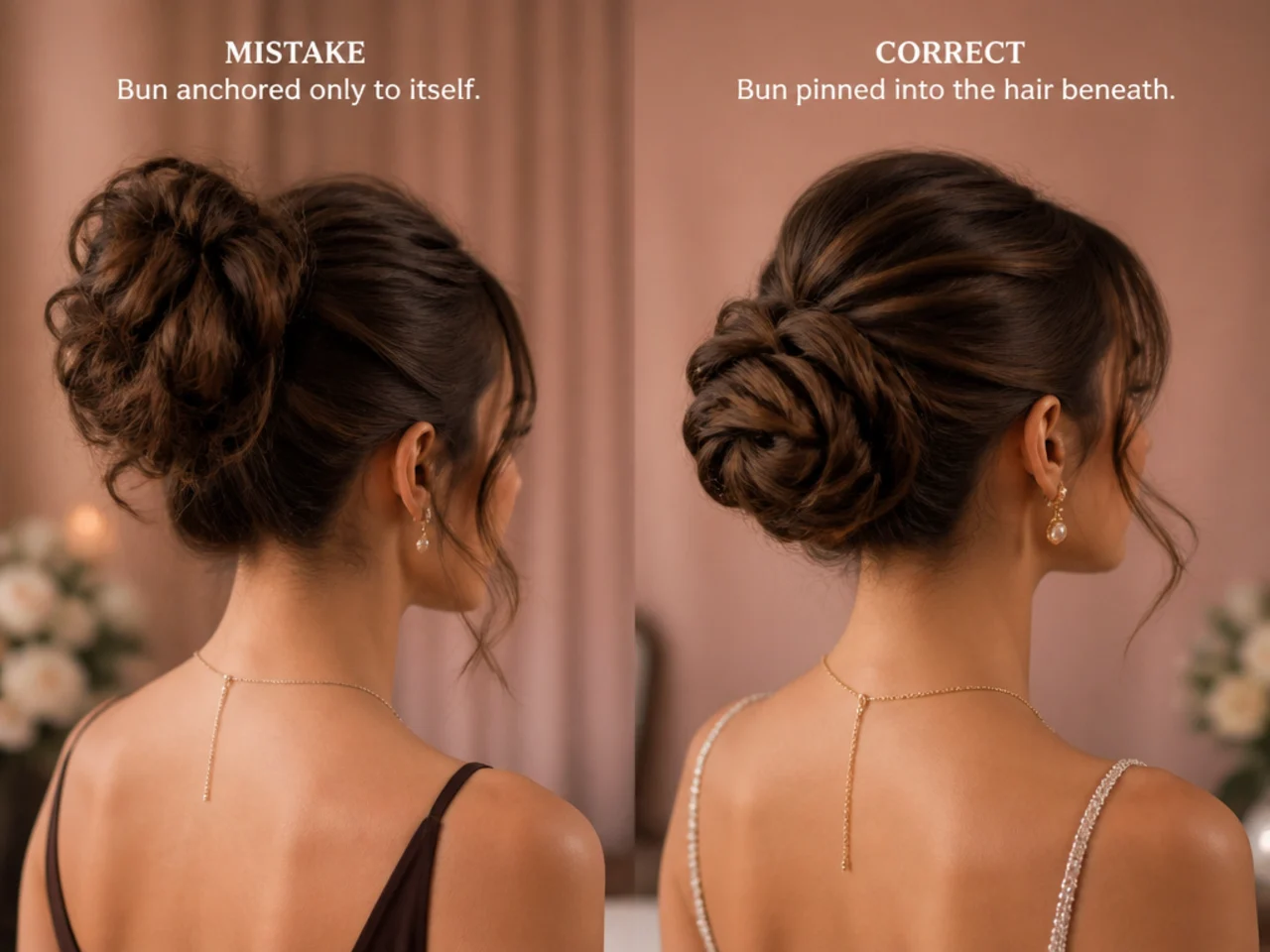 A bun anchored only to itself compared with one pinned into the hair beneath